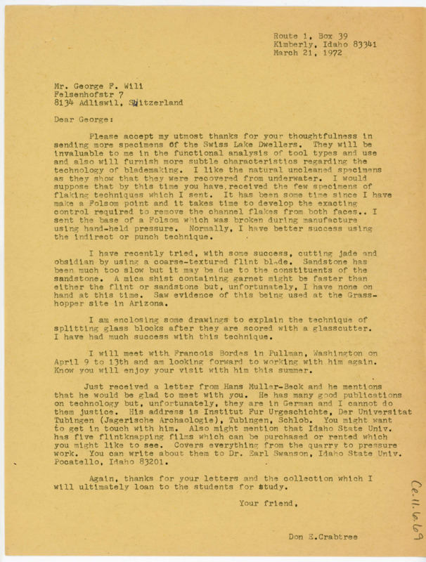 Letter discussing the specimens Wili sent and Crabtree's attempts in cutting jade and obsidian. Crabtree makes some plans to visit with other flintknappers.