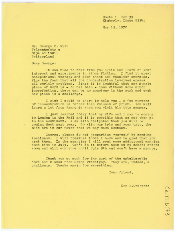 Letter discussing flintknapping technique Crabtree is working on. Crabtree may be going to London and notes he will be sending specimens soon.