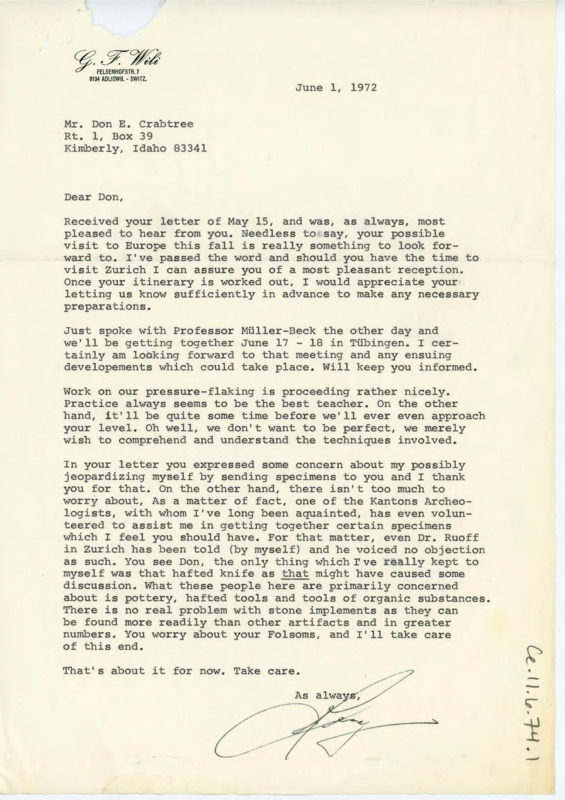 Wili hopes Crabtree can visit Europe. He updates his pressure flaking plans and discusses some of the specimens he is gathering to send.