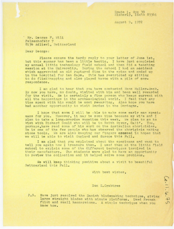 Letter discussing the work Crabtree has been doing, and Wili's visit with Hans Muller-Beck. Crabtree shares his travel plans.