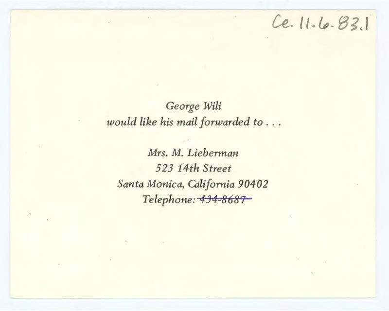 Card giving Crabtree a forwarding address.