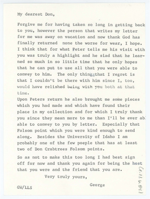 Letter discussing his friend Peter's visit with Crabtree. He discusses the artifacts Crabtree shared with Wili.