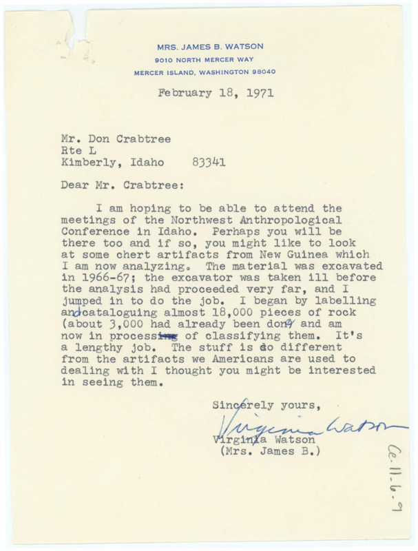 Letter sharing that Watson will be attending conferences in Idaho if Crabtree is interested in seeing artifacts from New Guinea. She details some of her work with them.