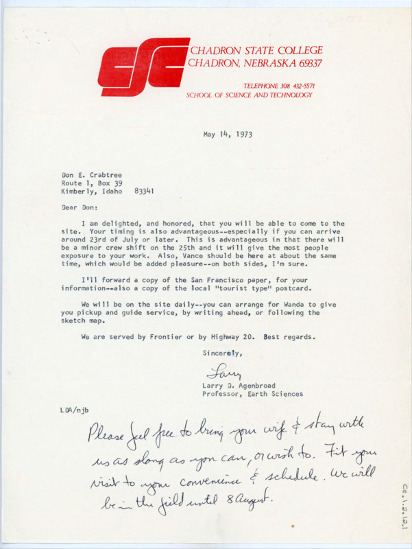 Typewritten letter from Larry Agenbroad. Agenbroad wrote back to Crabtree to give him the best dates to visit the site and tell him that they are welcome to stay with him. There is also a handsketched map of the excavation site with directions on how to access it from town.