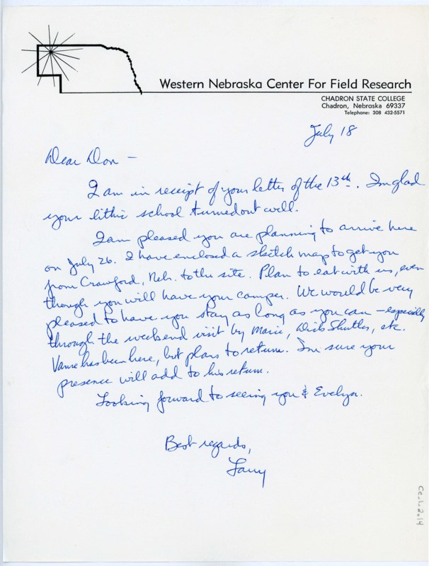 Handwritten letter where Larry wrote back to Crabtree expressing his happiness that Crabtree was coming on at his planned time. He insisted that Don and Evelyn would eat with his family and see Wormington, Shutler, and Haynes.