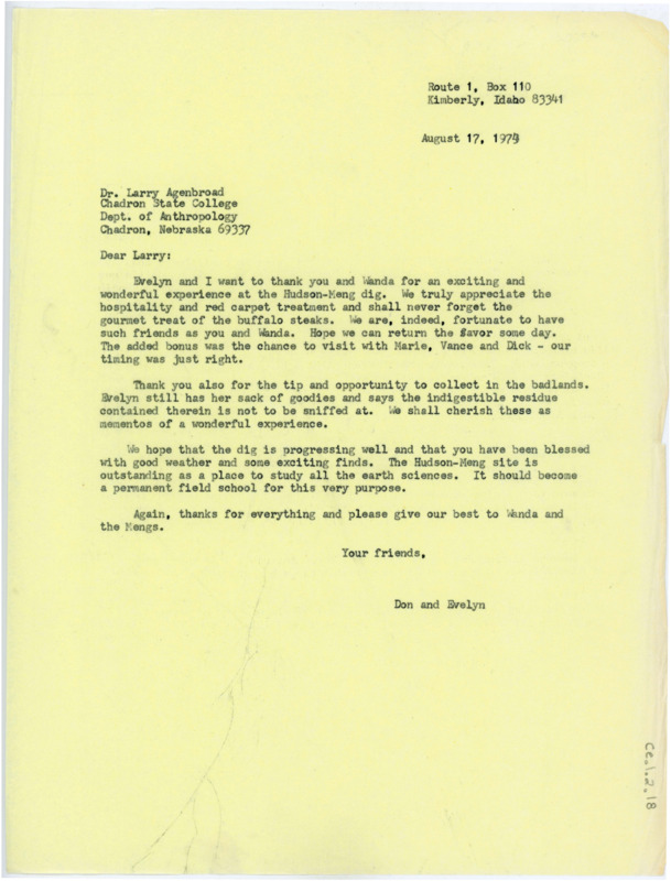 Typewritten letter where Crabtree wrote to Agenbroad to inform him he received the paycheck from the University for the excavation site work and detailed a trip he took with Evelyn. He talked about the Explorer’s Club and attached his qualifications. He then discussed receiving some photos from Junius Bird and Earl Swanson being back in his former position. He also said he met with Francois Bordes and Marie Wormington in Tucson and Denver where they all discussed hammerston vs. billet techniques.