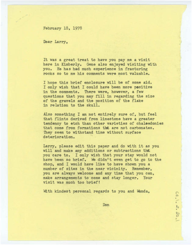 Page one: Typewritten letter where Crabtree asked Agenbroad to fill in some notes regarding gravel size and flake position in relation to the skull. Page two: Article that details a piece of fossiliferous flint Larry Agenbroad found associated with a mammoth skull which is hypothesized to provide a clue contemporary existence of man.