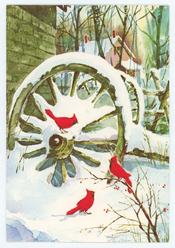 Outside: Art of three red robins next to wagon wheel covered in snow. Inside: Wanda writes to Don congratulating him on feeling better and giving him an update on the family’s health and recent developments.