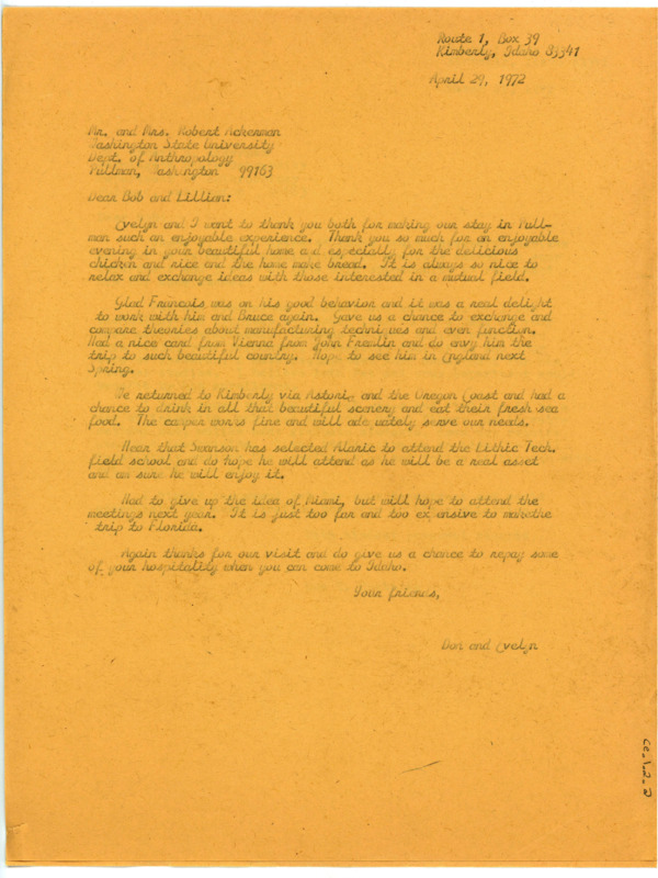 Typewritten letter to Ackerman from Crabtree thanking him for hosting him during a visit to Pullman. He then detailed how they returned home and gave updates on some mutual friends.