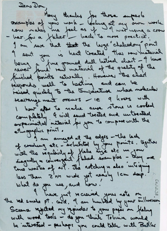 Handwritten letter where Akerman wrote to Crabtree about trying to replicate his point work and about some pieces he believed were heat treated. He planned to send Crabtree more examples of what is heat treated and what isn't. Science rejected his papers and asked Crabtree if he could put in a word with Tebiwa and American Antique.