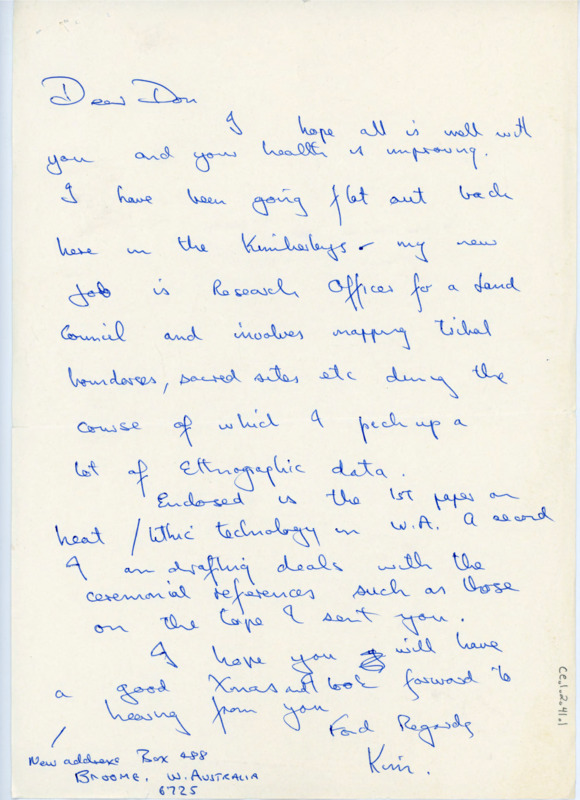 Handwritten letter where Akerman wrote to Crabtree wishing him better health and informing him about his new job, Research Officer for a Land Council, and his new address. He sent a draft of his paper on heat treatment and lithic technology in Western Australia. The envelope has a note that Paul Ossa accepted three of his articles.