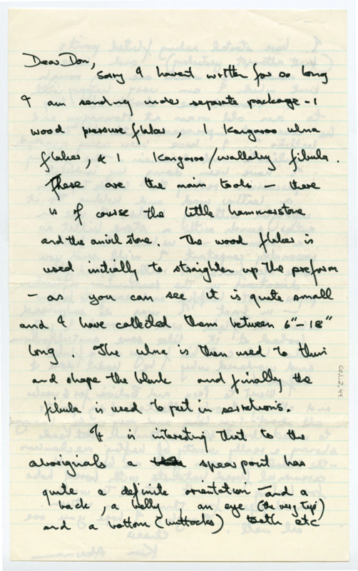 Handwritten letter wherein Akerman detailed the wood pressure flake, kangaroo ulna flake, and the kangaroo/wallaby fibula he sent to Crabtree. He then discusses how he started making fluted points, the process with what materials he used and how he achieved the points, then promised to send some of his attempts. He said that on a trip to Peru and Bolivia he collected some crude points and four axe/tomahawk heads.