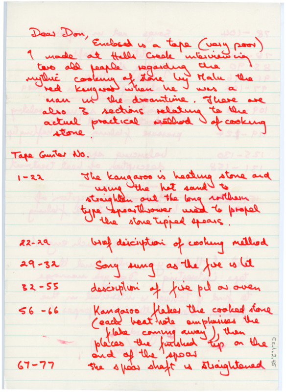 Handwritten letter where Akerman breaks down a tape about heat treating he sent to Crabtree of what is being addressed at what times. At the end of the letter he asks if Tebiwa was interested in publishing his papers.