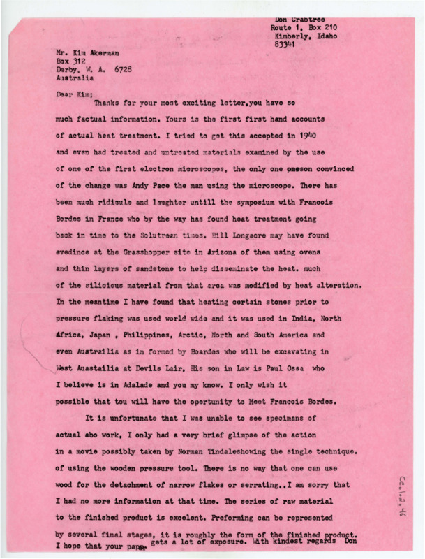 Typewritten letter where Crabtree wrote to Akerman to discuss heat treatment. He had tried to prove it a few years before but was shot down quickly until heat treatment was found in France and Arizona.