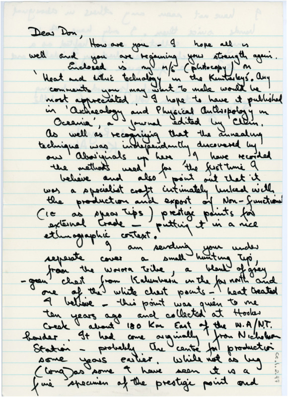 Handwritten letter wherein Akerman wrote to Crabtree with a copy of his paper and requested any notes Crabtree had. He gives details on the annealing techniques and prestige points. He told Don about a point he found on a hunting trip and how it compares to some others in his personal collection, then detailed two of the points he had sent to Crabtree.