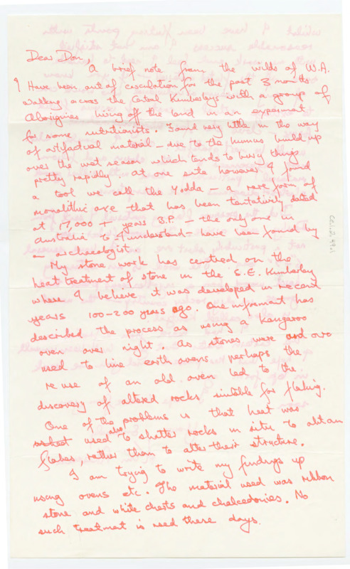 Handwritten letter from Kim Akerman to Donald Crabtree where he informed him that he was working with some Aboriginal Australians and some nutritionists on an experiment. He also talked about his research on heat treatment and addressed the bone tool that Crabtree had sent him.