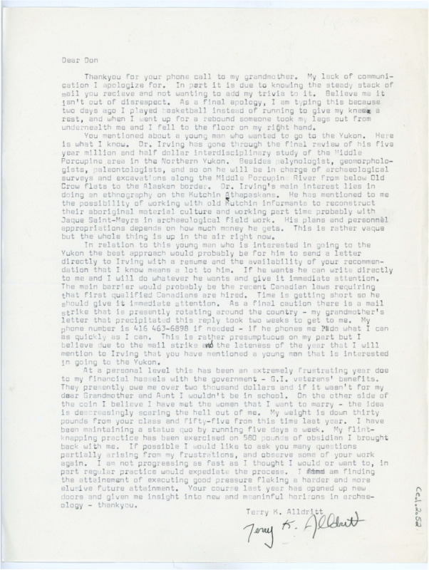 Typewritten letter from Terry Alldritt where he told Crabtree that the student of his that wanted to go to Yukon needed to reach out to Bill Irving. He then talked about personal points in his life.