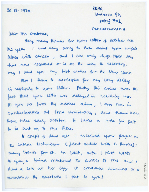 Seven page handwritten letter from Philip to Don. Allsworth-Jones discussed his move to Czechoslovakia and confirmed that he received the articles that Crabtree had sent him. He discussed some articles and the different types of bulbs they described, ten asked questions regarding different methods of percussion and how they might form the types of bulbs described. He offered to send Crabtree some raw material from Slovakia while he was there.