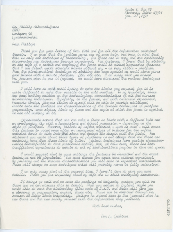 Typewritten letter to Philip Allsworth-Jones where Crabtree said that there were more than the three listed methods for bulb types and that he should focus on describing the features rather than categorizing them into such few techniques for his research.