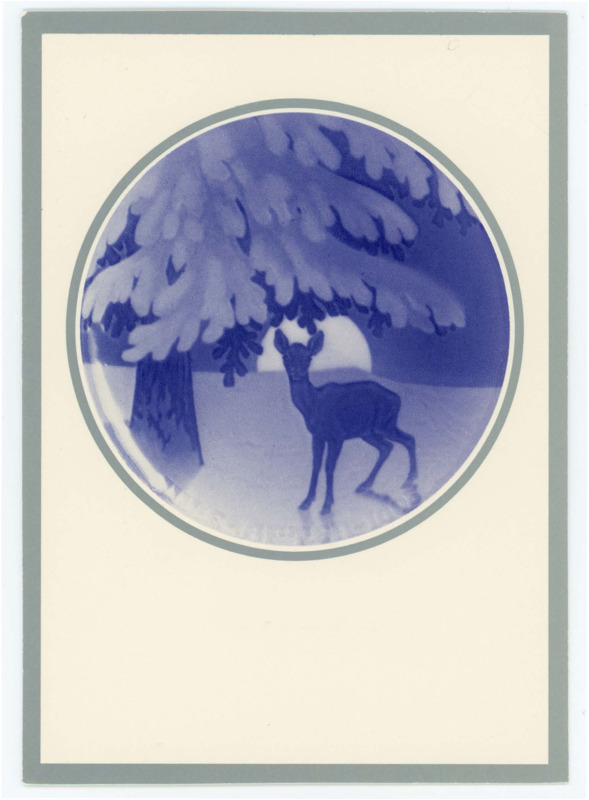 Front: Print of Porcelain Plate courtesy of Bing and Grøndahl Museum, Copenhagen (Denmark). Inside: “Season’s Greetings written in several languages including English, signed by Bob and Lillian Ackerman. Envelope with stamp cut off.