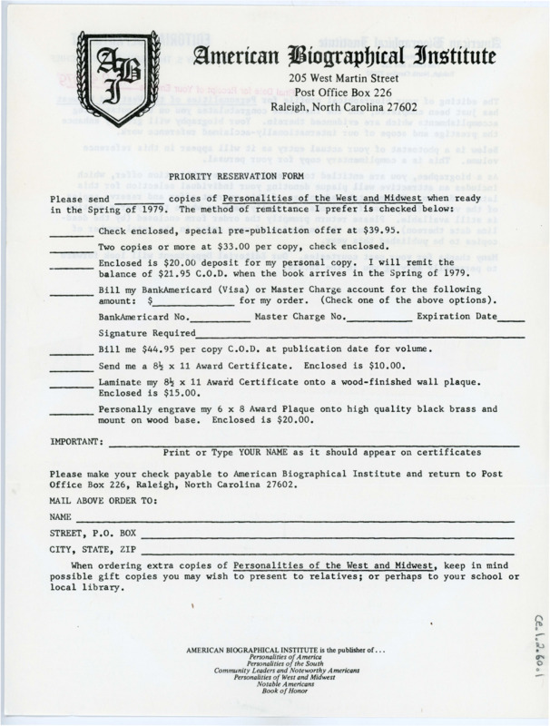 A typewritten letter from the American Biographical Institute to inform Crabtree that the editing of his biographical profile for “Personalities of the West and Midwest” was done. Crabtree was entitled to a pre-publication offer where he could get a plaque, as well reserve copies for himself and others. On the opposite side is a fillable reservation form for copies of the publication and award certificate. There are two envelopes, one addressed to the American Biographical Institute and one addressed to Crabtree. The latter has names, times, and notes that don't seem to have any correlation to the item.