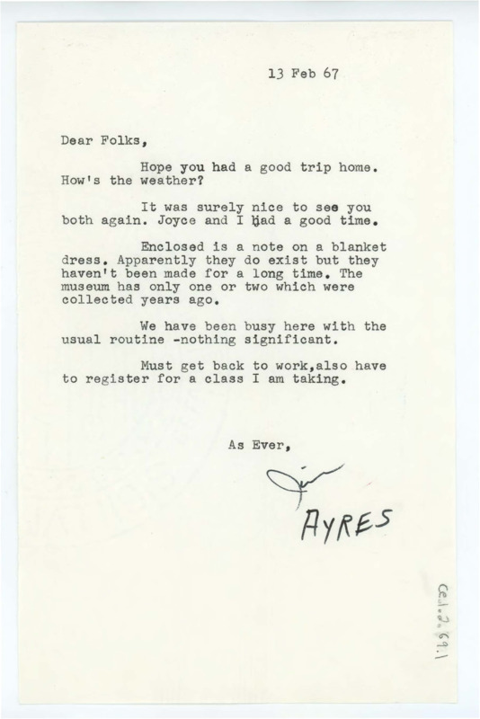 Typewritten letter where James Ayres wrote to Crabtree to inform him that he recently received a copy of Tebiwa Vol. 9. He mentioned that Joyce promised him a glass cake knife, which Ayres sent separately. Crabtree wrote back to Ayres and thanked him for the glass knife and promised to replace it.