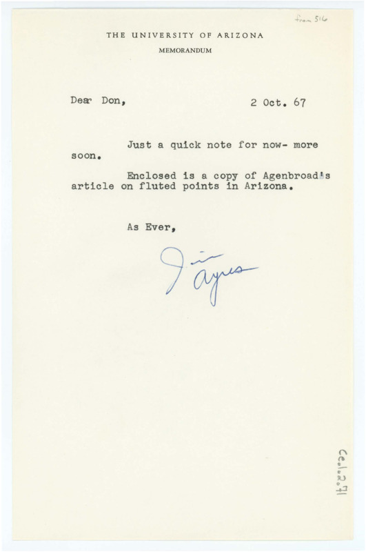 Typewritten letter from James Ayres. The letter was written as a note, saying that attached was a copy of Agenbroad’s article on fluted points in Arizona.