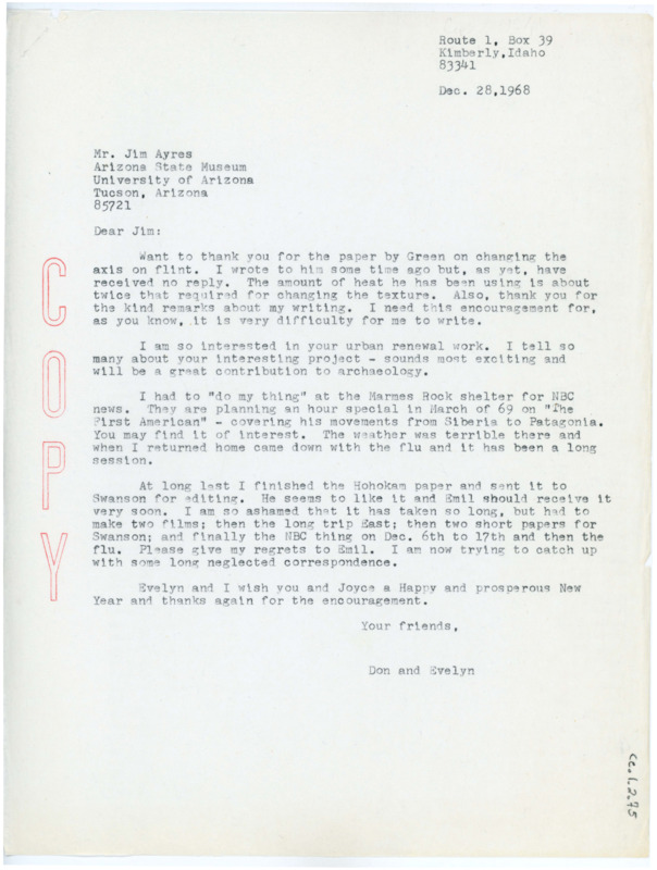 Typewritten letter from Donald Crabtree to James Ayres. He updated Ayres on his personal life and what he was working on, making mention of The First American.