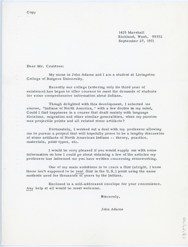 Typewritten letter from student John Adams from Livingston College of Rutgers University. He requested information on how to obtain copies on Crabtree's writings. Idaho State University replied with how to purchase Tebiwa journals.