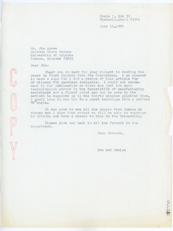 Copy of a typewritten note from Donald Crabtree where he thanked Ayres for the article he sent and gave his opinion. He said it was nice to see everyone at the Norman meetings and mentioned a vacation to Arizona in the winter.