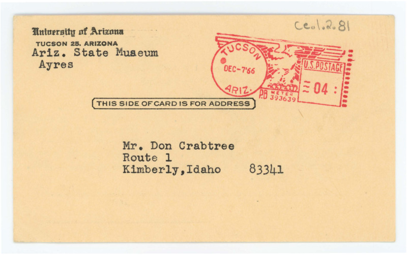 A card from Arizona State University to thank Crabtree for sending Tebiwa and his letter. James said it was not necessary to replace the glass knife.