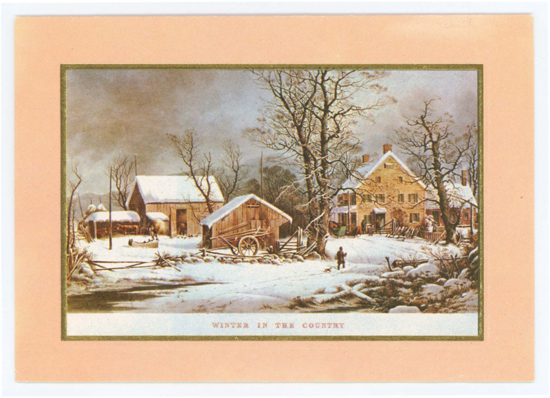 Holiday card from James Ayres. Outside: Art of a farm covered in snow. Reads “winter in the country” under the art. Inside: Happy holidays printed inside the card with a handwritten note from Ayres asking how Donald was.