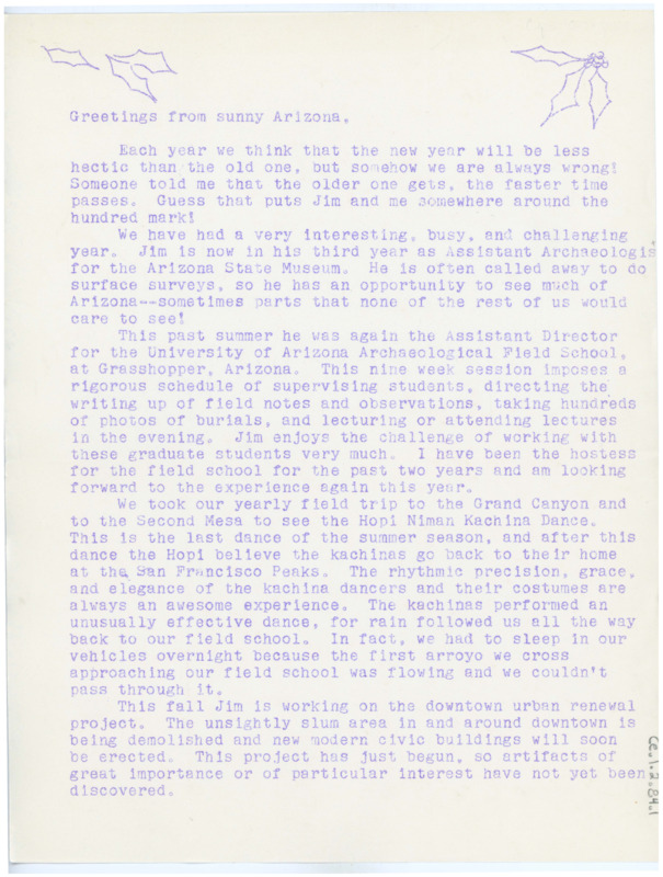 Holiday letter typewritten by Joyce Ayres. In it she details the events and accomplishments of the family for the year and wishes everyone happy holidays.