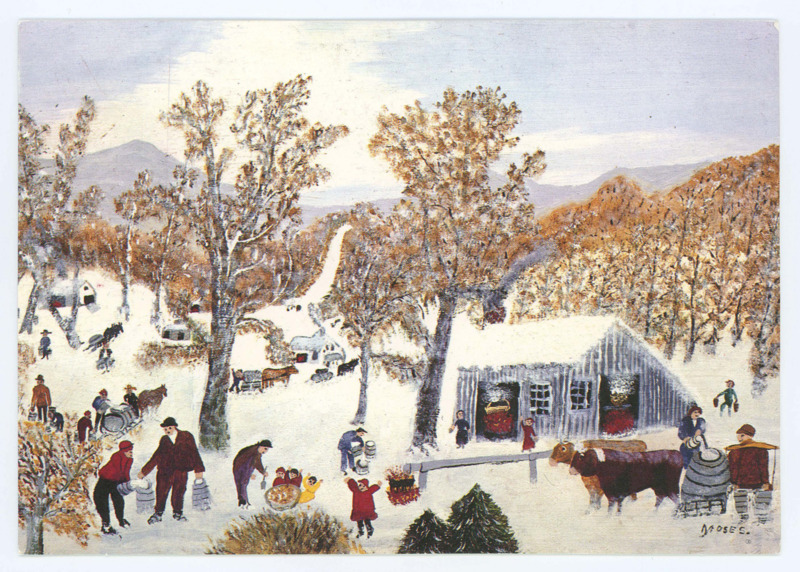 Holiday card. Outside: art of “Sugar Time” by Grandma Moses on the front. Inside: Printed note. Handwritten note from Jim, hoping that Don is well and wishes him a prosperous new year. His new address is added to the bottom.