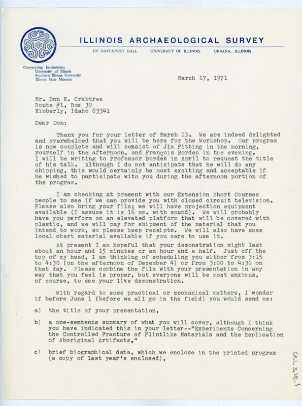 Typewritten letter from Charles Bareis to Donald Crabtree. He requested some information about his presentation and gave him confirmation on the other speakers and said that they would cover shipping costs for the materials he needed.