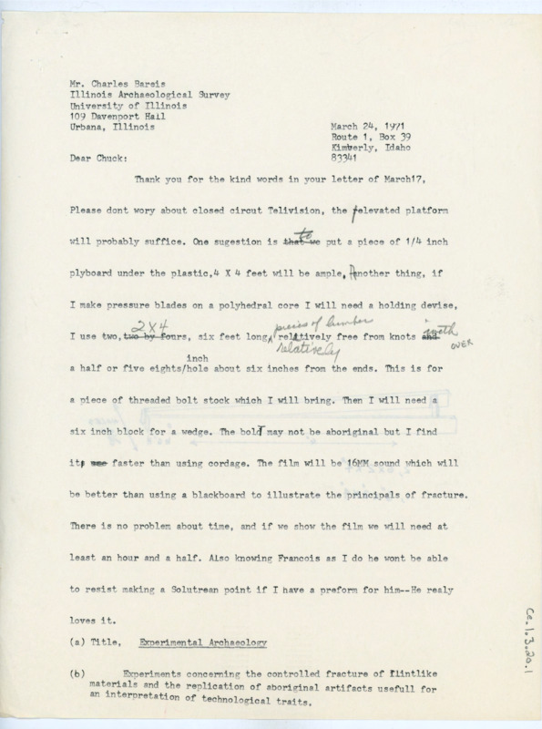 Typewritten letter draft from Donald Crabtree to Charles Bareis with the edited draft under CE_B1_F3-Item21. He gave information of what device he needed for holding the blades with a sketch. He also gave Bareis the information that he requested for the workshop brochure with handwritten edits all over the page.