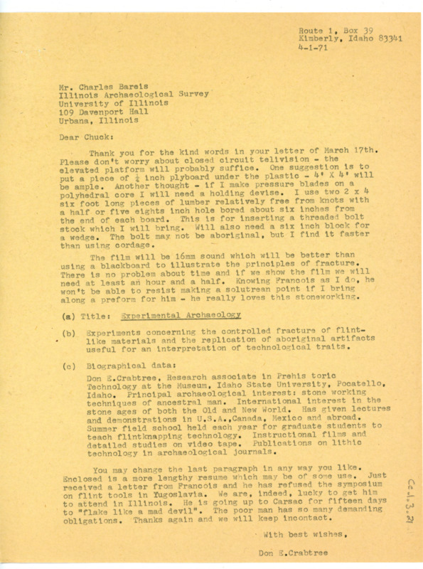 Typewritten edited letter of CE_B1_F3-Item20 from Donald Crabtree to Charles Bareis. He gave information of what device he needed for holding the blades with a sketch. He also gave Bareis the information that he requested for the workshop brochure.