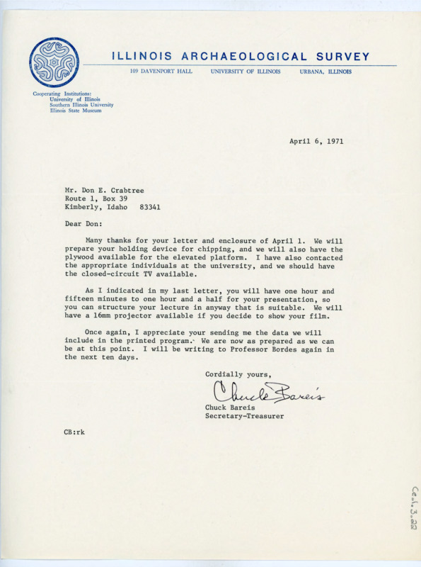 Typewritten letter from Charles Bareis to Donald Crabtree. He said that he would have the holding device made prior to his arrival and that they should have a short circuit TV available should Crabtree prefer to show a live demonstration over the film of pressure techniques. He has up to an hour and a half for his presentation to structure as he sees fit.