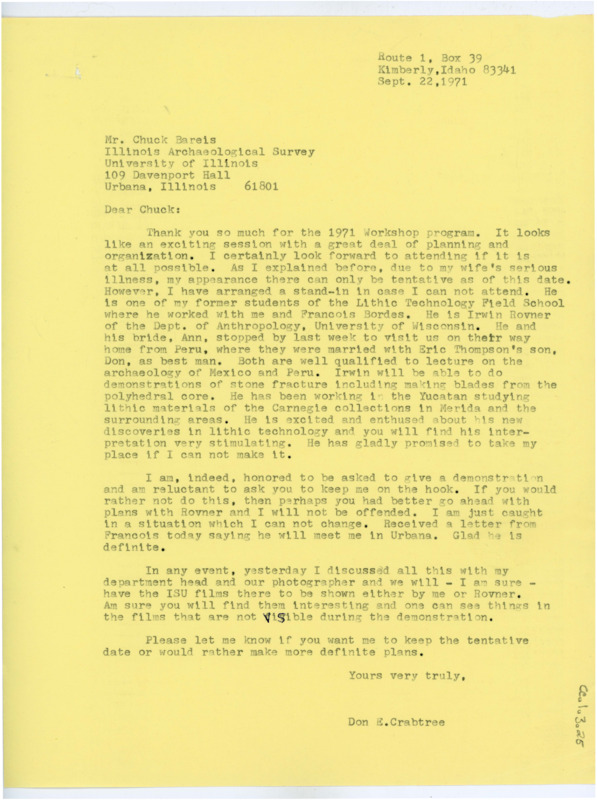 Typewritten letter from Donald Crabtree to Charles Bareis. He thanked him for sending the program, and reminded him that depending on Evelyn’s health he would be unable to attend. He did arrange for Irwin Rovner to stand in for him if he wasn't able to make it afterall or if it was too much of a hassle to wait for a final answer, and detailed his qualifications and promised that he would be able to do the demonstrations.