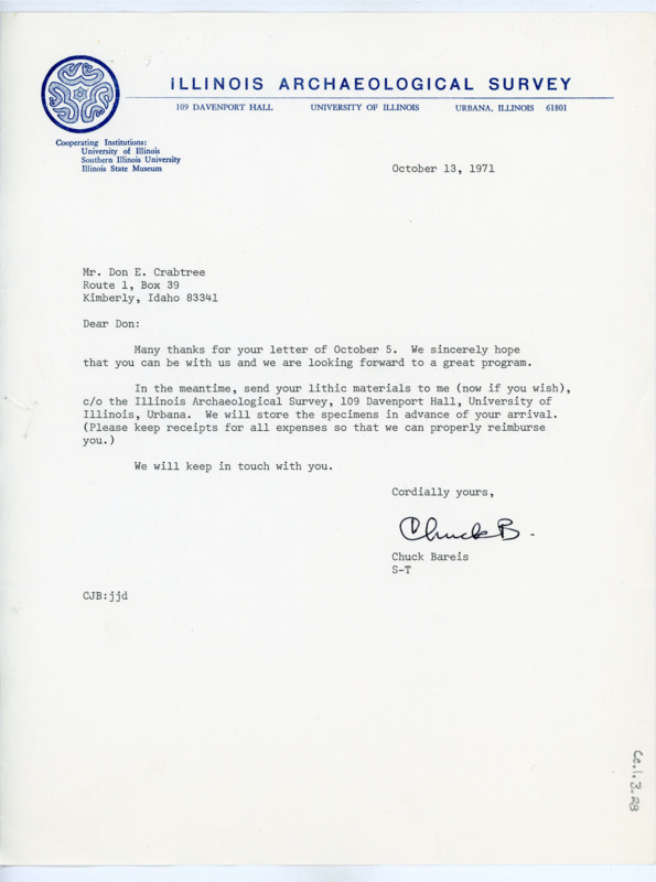 Typewritten letter from Charles Bareis wherein he gave the address for Crabtree to mail his raw material for the workshop. He said they would store it and reimburse him for the cost.