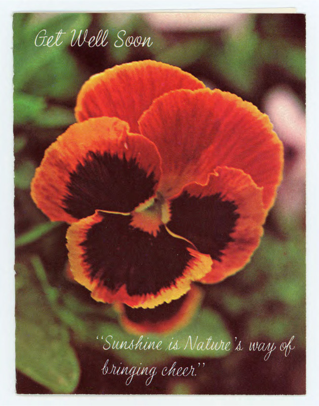 Get well soon card. Front: Photo of a red and black flower with “Get well soon” printed on it. Inside: a note from the Barrons saying they have been meaning to visit Crabtree but haven't had the time. They wish him good health and to recover. There’s a saying printed in the card and it is signed for Andy, Mary, and Josh. Attached is an envelope.