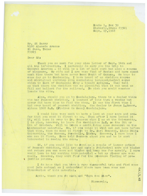 Typewritten letter from Donald Crabtree to Ed Barry where he wrote back to ask Barry if he remembered the exact location of the Peacock obsidian. He asked if he would send him some samples to examine and work with.