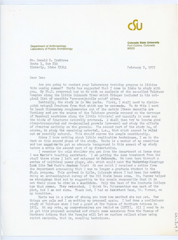 Typewritten letter from Gerald Bair to Donald Crabtree. He is a Ph.D student who was suggested to attend the laboratory training program that summer, and he requested more information on it. He also detailed his issues with his research and with the program he was in.