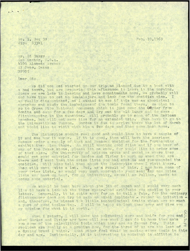 Typewritten letter from Donald Crabtree where he wrote to Barry about the materials he offered to send, his intentions to create him some artifacts, and when The First American would be airing.