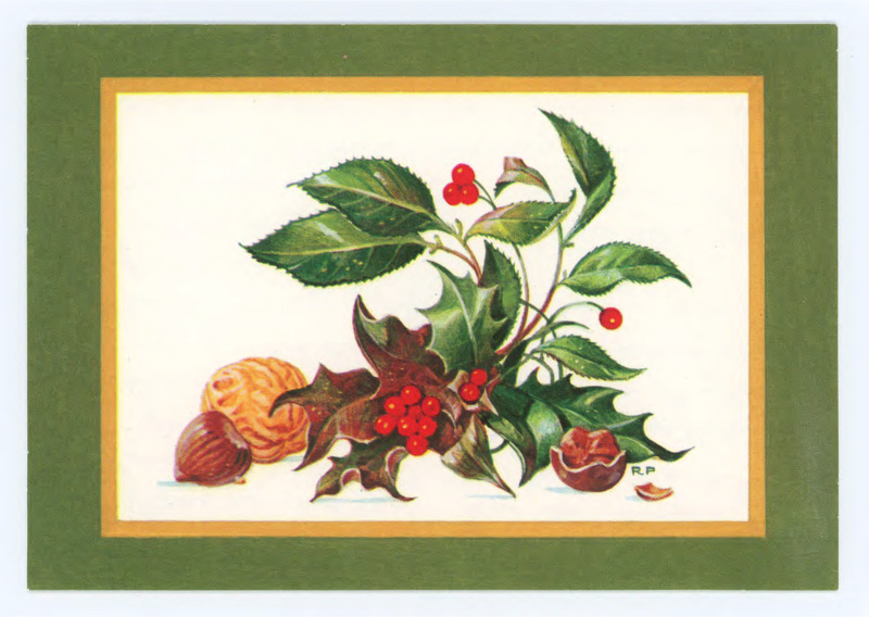 Christmas card from Jane and Jack Bass. Front: printed art of some holly and some nuts. Inside: A note from Jane Bass, saying that Quen asked them to send Crabtree some cookies that year. She said that they are grateful for the kindness Crabtree has shown Quen. Underneath their note is a printed Christmas and New Years greeting. Attached is an envelope addressed to Crabtree.