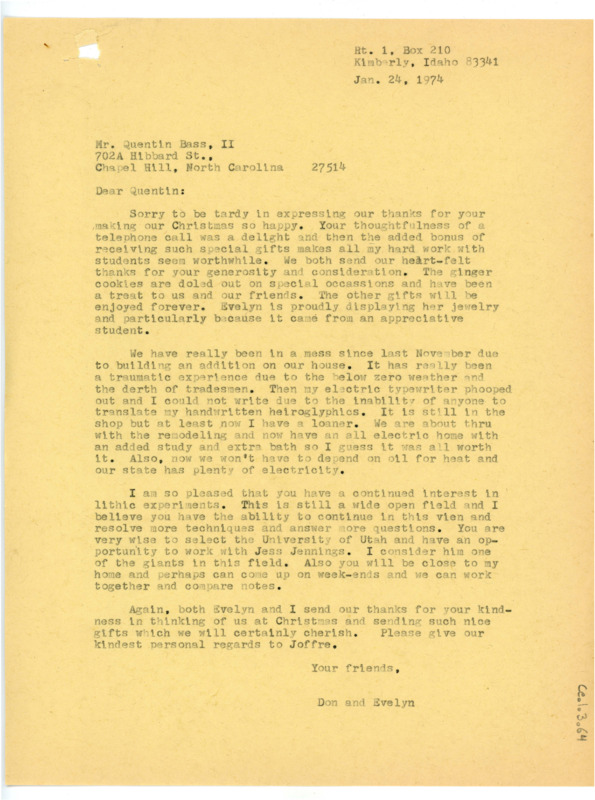 Typewritten letter from Donald Crabtree to Quentin Bass. He thanked Bass for calling around Christmas and detailed new developments in his personal life. He was excited that Bass wanted to continue his studies in lithics and suggested once he was at the University of Utah he could come up to Kimberly on the weekends and work with him.