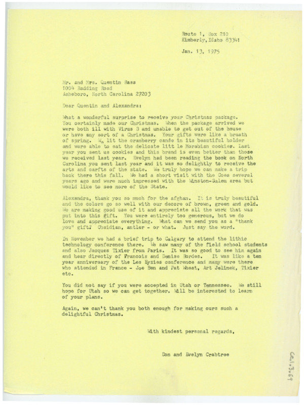 Typewritten letter from Donald Crabtree to Quentin and Aleksandra Bass to thank them for the Christmas gift they sent him. He mentioned wanting to visit them for a vacation later that year, discussed his most recent vacation, then asked Quentin if he decided on a school to attend for his Masters.