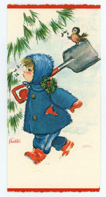 Holiday card. Outside: Art of a child wearing blue in the snow in winter carrying a shovel with a bird. Inside: Printed note saying Merry Christmas and Happy New Year. Handwritten letter from Aleksandra to give Crabtree her and Quentin’s condolences for Evelyn’s passing and to wish him happy holidays. There is an envelope attached.