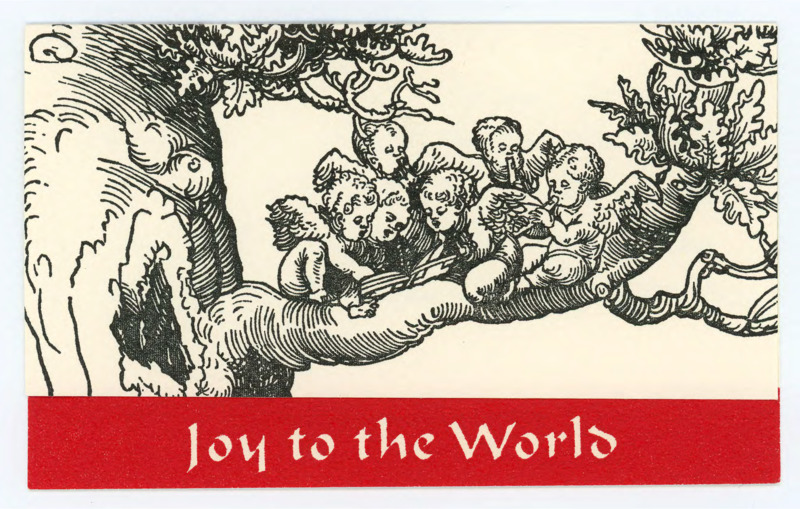 Holiday card. Outside: Art of Cherubs in a Tree by Lucas Cranach the Elder German. Inside: Handwritten note from Aleksandra Bass. She wished Crabtree well and said that Quentin is busy, but that she would try to get him to write to Crabtree soon. There is an envelope attached.