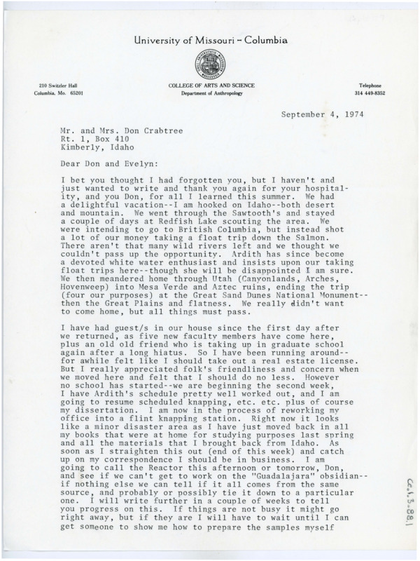 Typewritten letter from Alice Benfer to Donald Crabtree where she thanked him for letting them visit and gave him details of the trip home and the upcoming trip to Mexico. She discussed her work and the tasks she was currently working on.